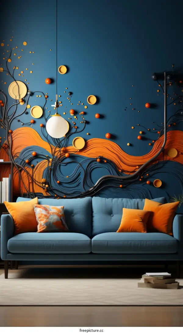 Blue and orange living room interior with a sofa, a coffee table, and a book case