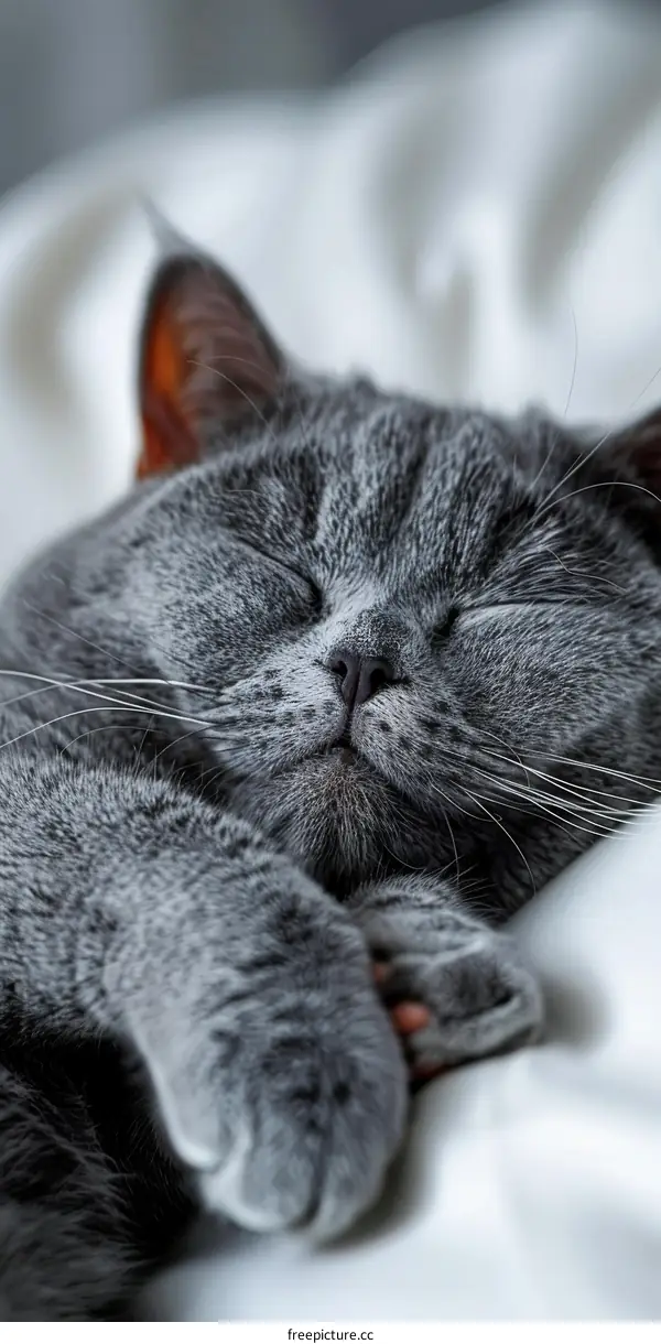 A gray shorthair cat is sleeping on a white blanket.