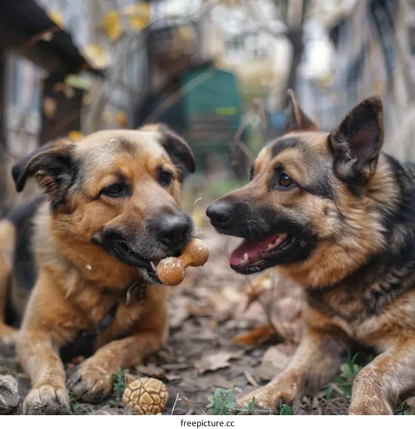Two dogs playing with a bone in the yard