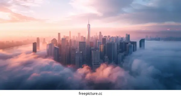 New York City skyline above the clouds