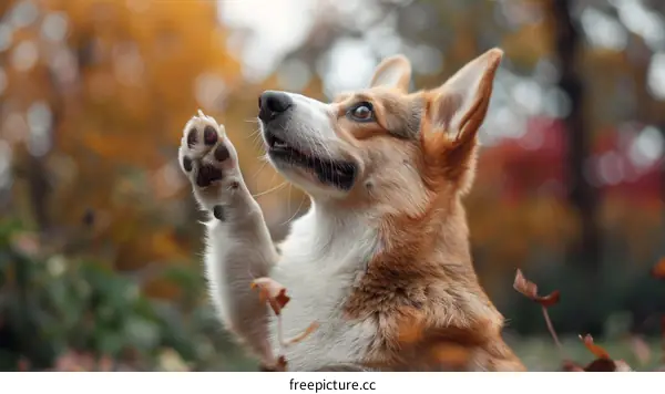 A Corgi Puppy Raising Paw in Autumn