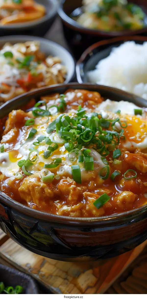 Closeup of a Bowl of Japanese Oyakodon with Egg and Scallions