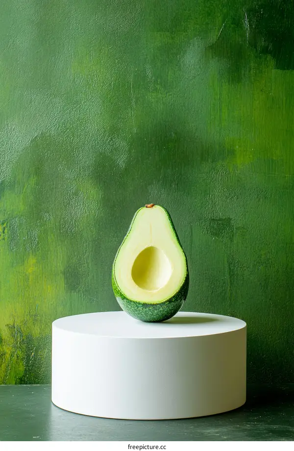 Fresh Avocado Displayed on White Pedestal Against a Green Background