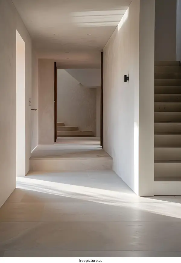 Modern Minimalist Interior Design Hallway with White Walls and Stone Stairs