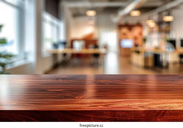 An empty wooden table with an out of focus office space in the background