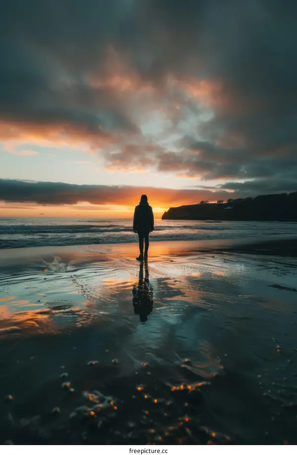 Man standing alone on beach at sunset