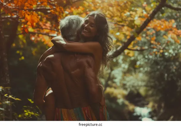 An old man carrying a young woman on his back through the woods