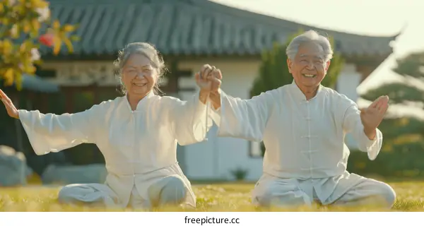 A happy elderly couple is practicing Tai Chi in the park