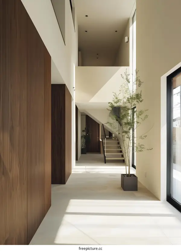 Modern Minimalist House Interior Design With Wooden Walls And Staircase