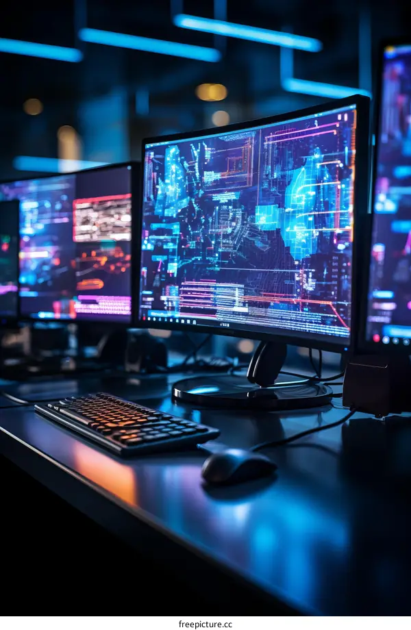 futuristic computer monitors displaying complex data and statistics