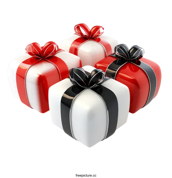 [Transparent Background PNG]Four Gift Boxes with Red and Black Ribbons