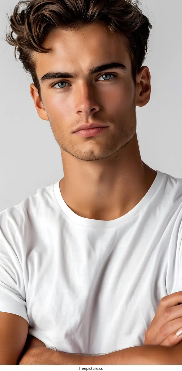 Portrait of a Young Man with Brown Hair Wearing a White T Shirt