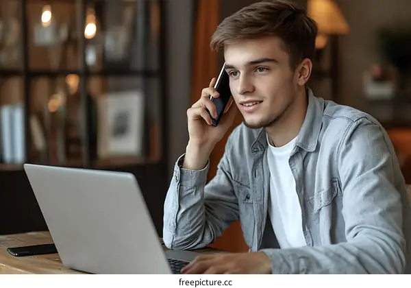 Young Man Talking on Phone While Working on Laptop
