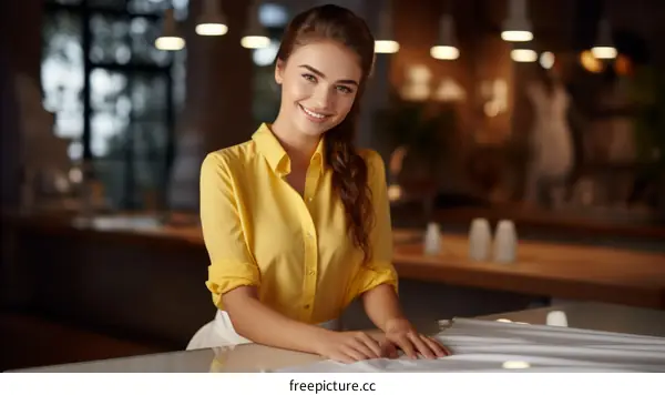 Portrait of a beautiful young seamstress in a yellow blouse