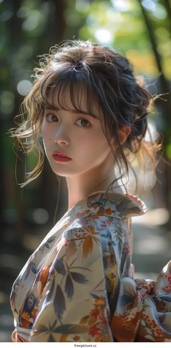 Asian Woman in Traditional Kimono Outdoors