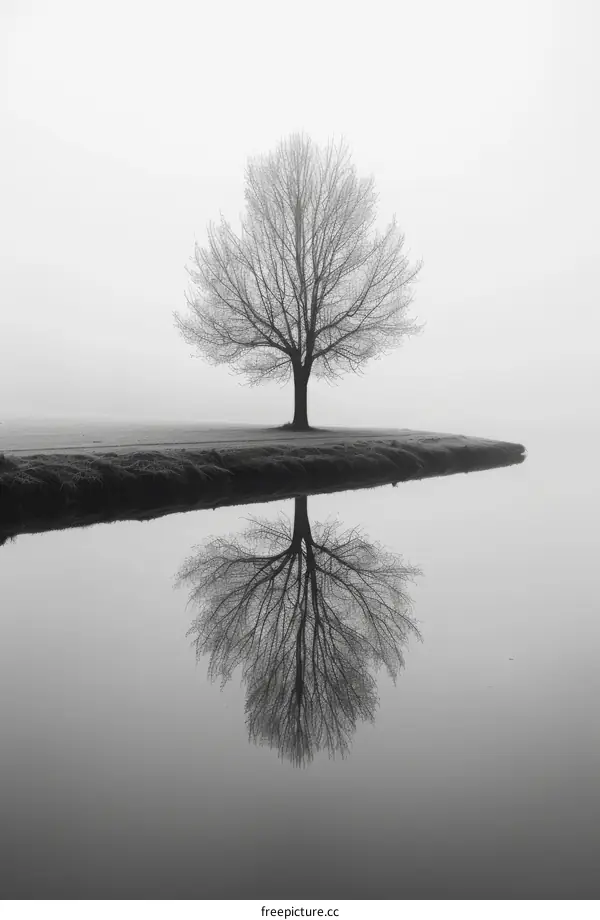 Lone Winter Tree in Foggy Field