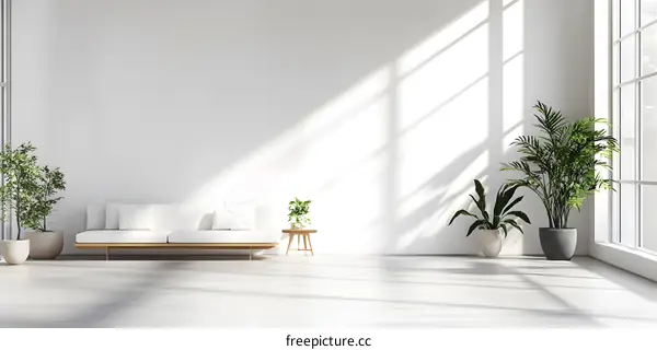 Minimalist Living Room with White Sofa and Plants