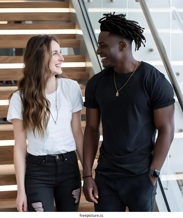 Couple Standing on Stairs in Modern Building