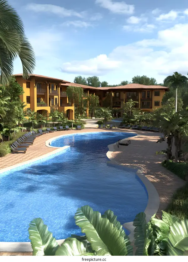 Tropical Resort Pool with Palm Trees and Building