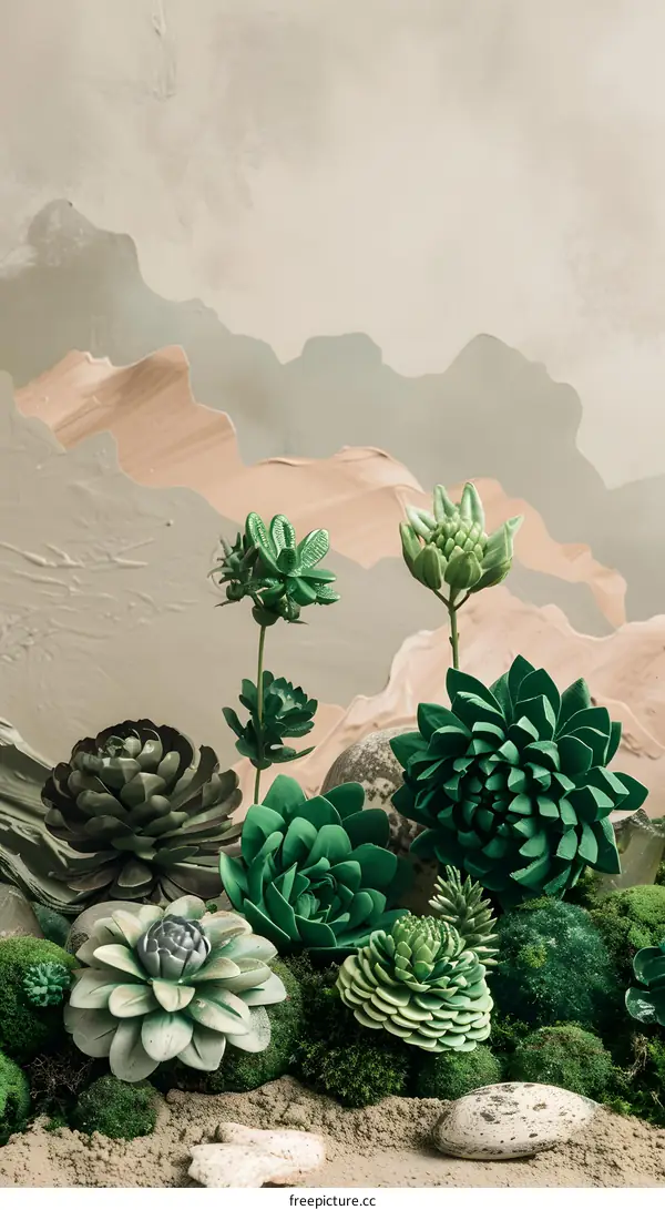 Succulent Plants on Green and Beige Background