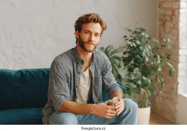 Relaxed Man Holding Coffee Cup on Sofa