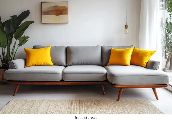 Modern Gray Sectional Sofa with Yellow Pillows