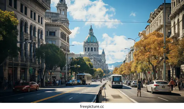 Crowded city street with a view of the city hall