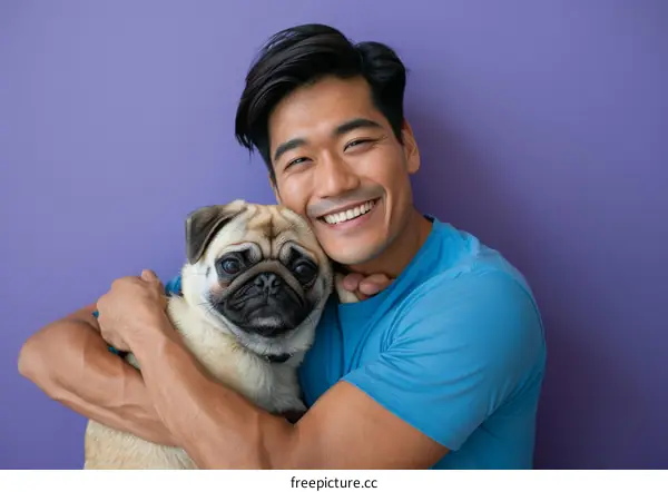 A smiling Asian man hugging a pug dog