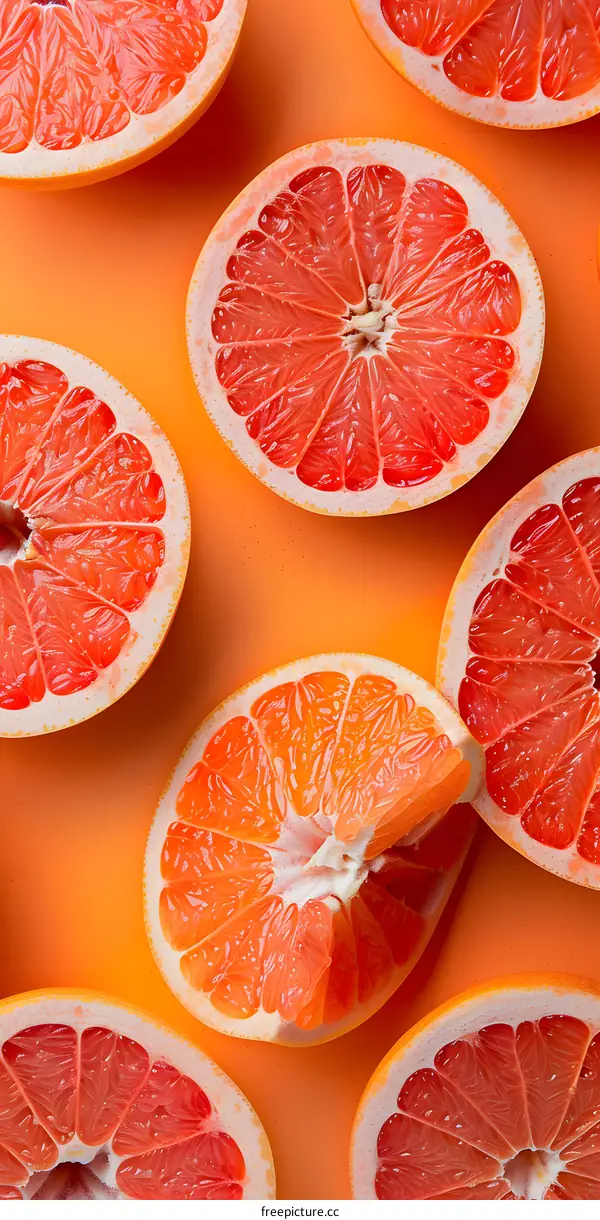 Freshly Cut Grapefruit Halves on Orange Background