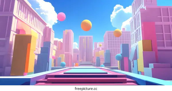 Colorful 3D Illustration Of A City With Floating Balls