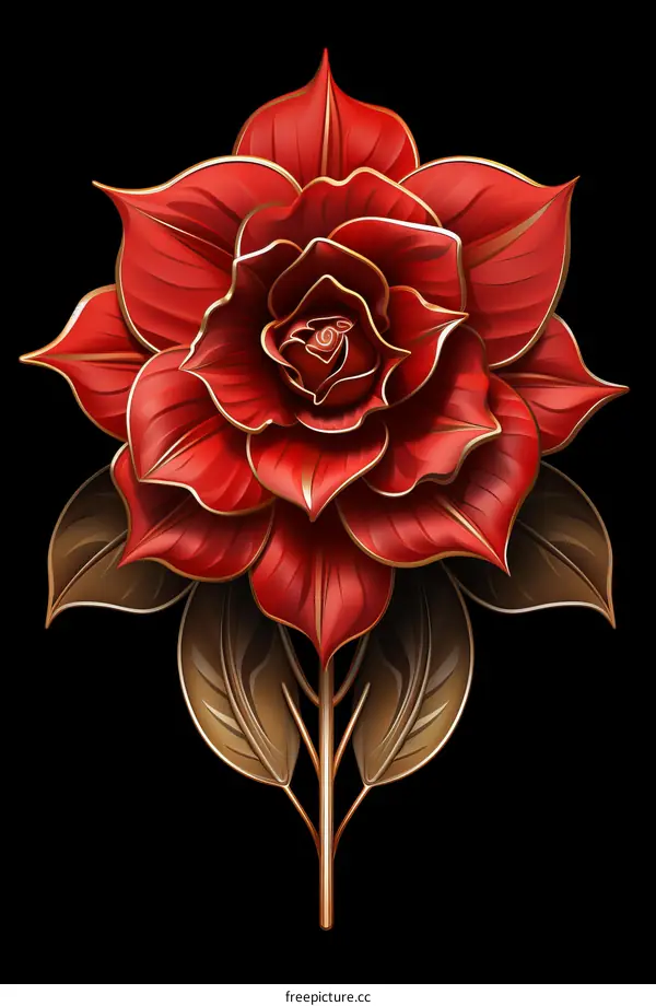Red rose with golden leaves