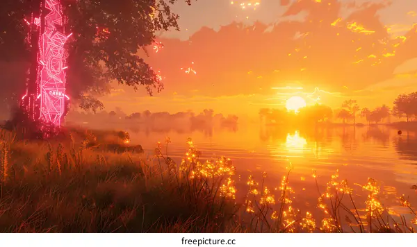 The setting sun casts a pink glow on the lake and trees