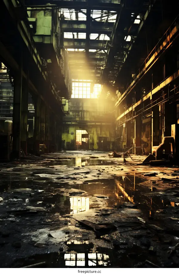 An abandoned factory building with large windows and a broken floor