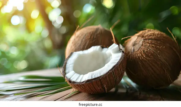 Fresh coconuts on a wooden table against blurred tropical green background