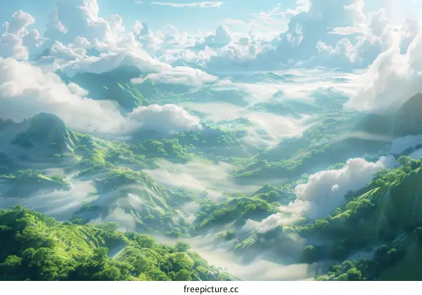 Misty Mountain Landscape with Green Hills