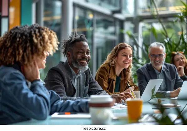 A group of people are sitting around a table and talking