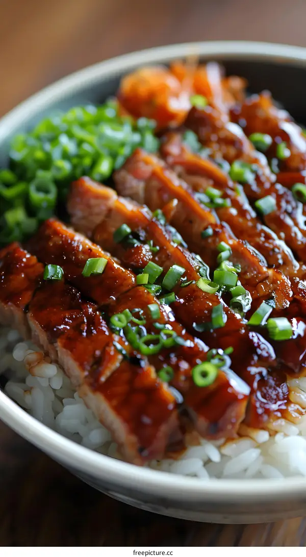 Closeup of Teriyaki Glazed Chicken with Rice and Green Onions in a Bowl