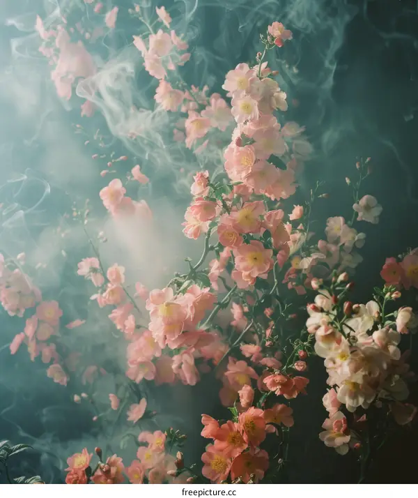 Dreamy Pink Flowers in a Misty Landscape