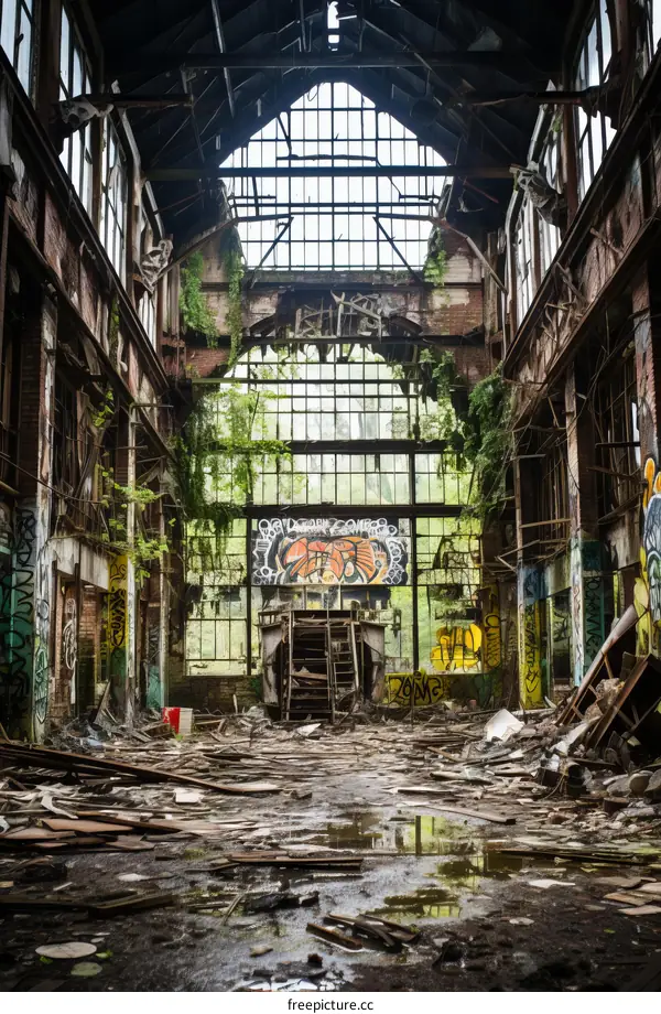 An abandoned factory building with broken glass windows and graffiti on the walls