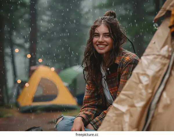 Young woman smiling in the rain in front of a tent