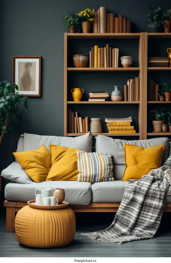 A cozy living room with a mustard yellow sofa, coffee table, and bookshelf