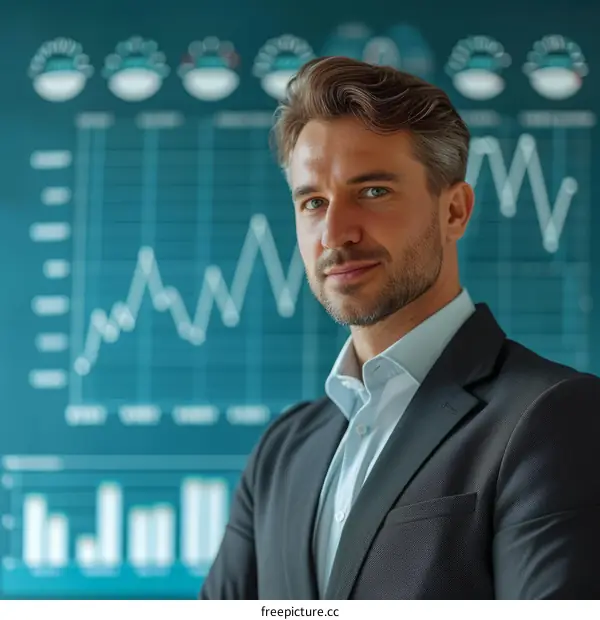 Businessman standing in front of a financial graph