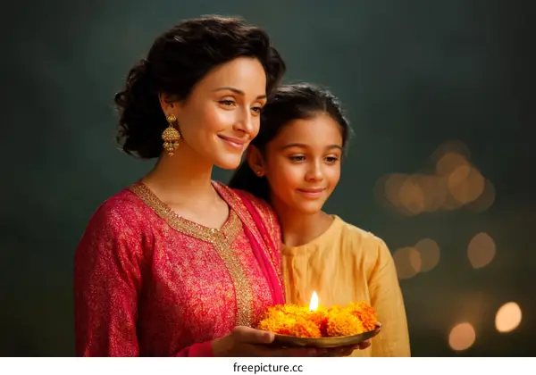 Mother and Daughter Celebrating a Festival