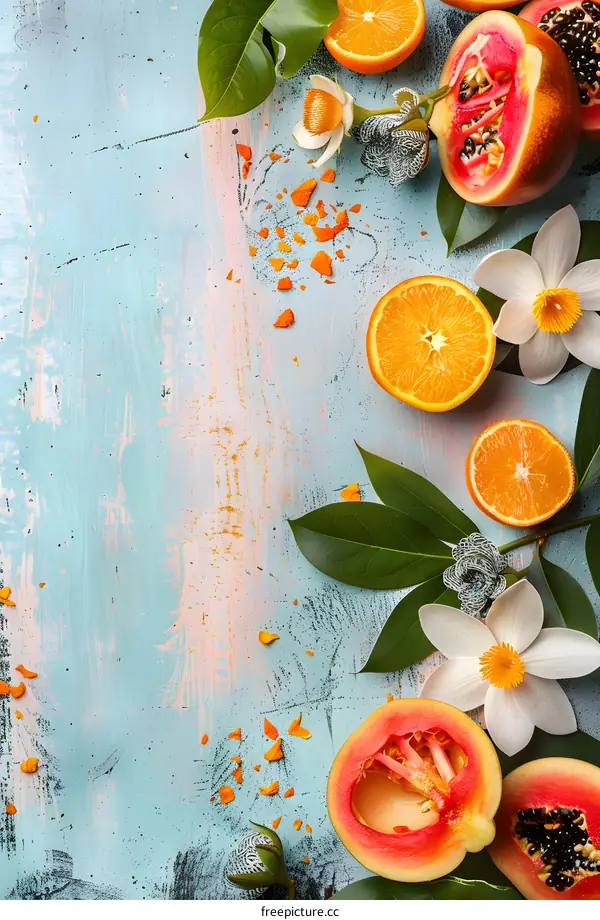 Tropical Fruits and Flowers on Blue Background