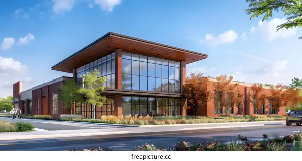 Modern office buildings with brick and glass exterior