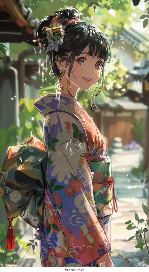 A smiling Japanese woman wearing a kimono stands in a garden.