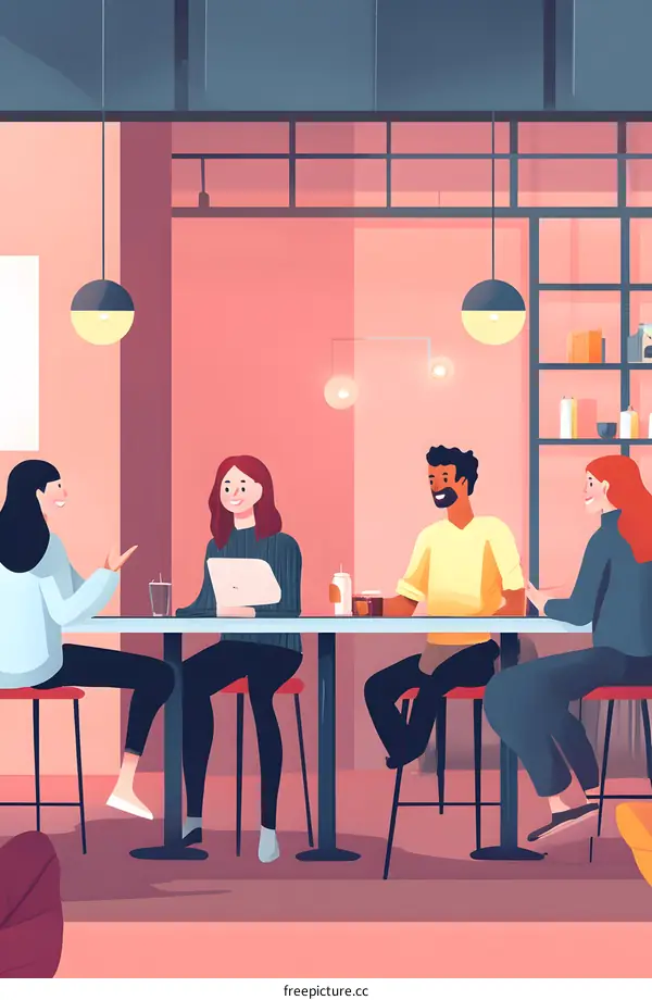 Four Friends Meet Up in Cafe for Coffee and Conversation