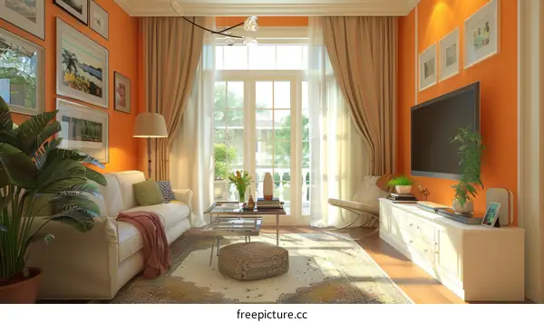 Bright Orange-Walled Living Room with White Sofa and Plants