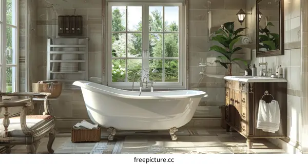 Vintage European Style Bathroom with Bathtub and Natural Light