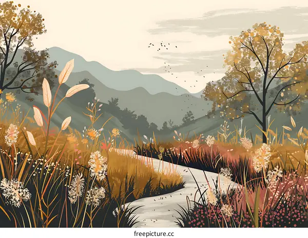 Autumn Landscape with Stream and Mountains